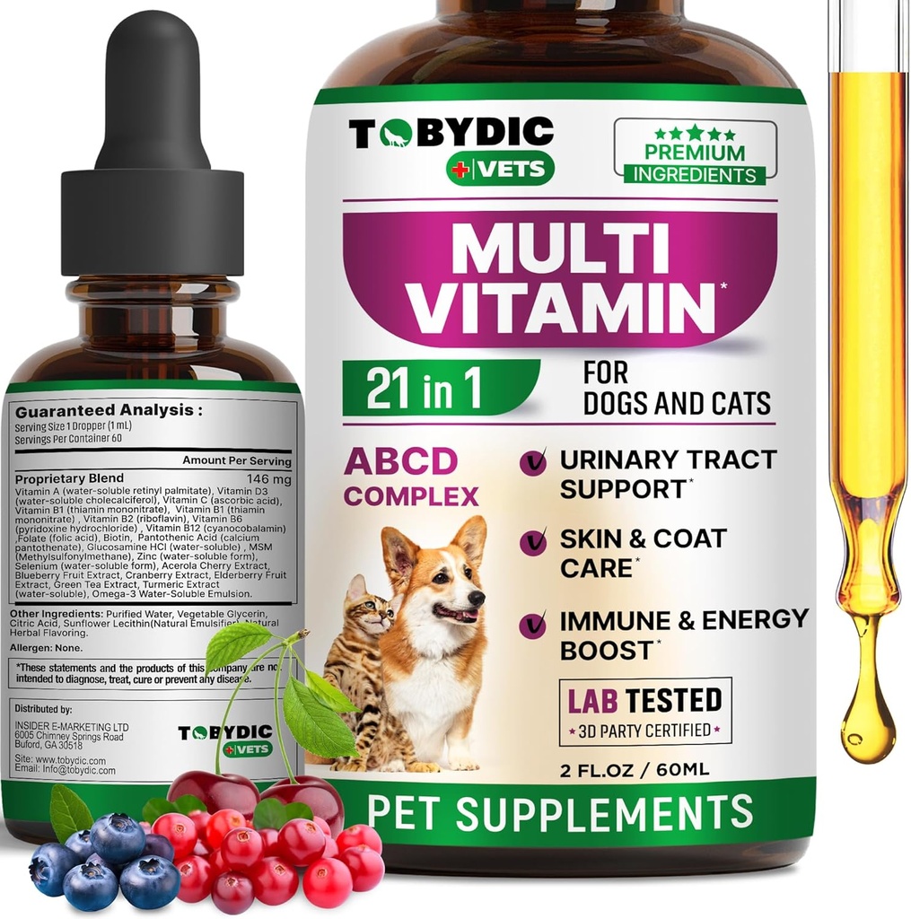 Cat & Dog Multivitamine 21 in 1 Suplimente pentru animale de companie cu Cranberry & Glucosamine - Medicina Naturala si Suport pentru UTI, Tract urinar, Bladder, Rinichi, Haina de piele, Tratamentul articulațiilor Made in USA