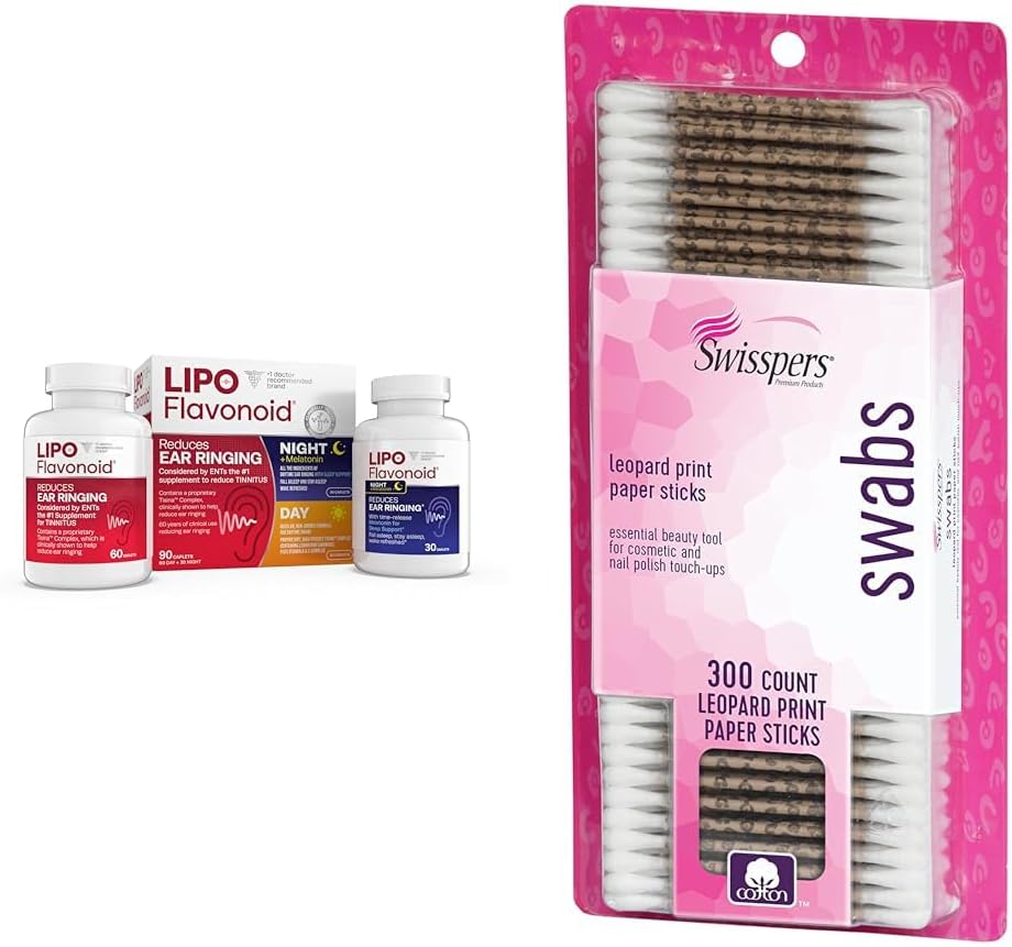 Lipo-Flavonoid zi și noapte Tinitus Relief Combo Kit cu vitamine, 90 Caplete & Swisspers Premium Cotton Swabs, 300 Conte