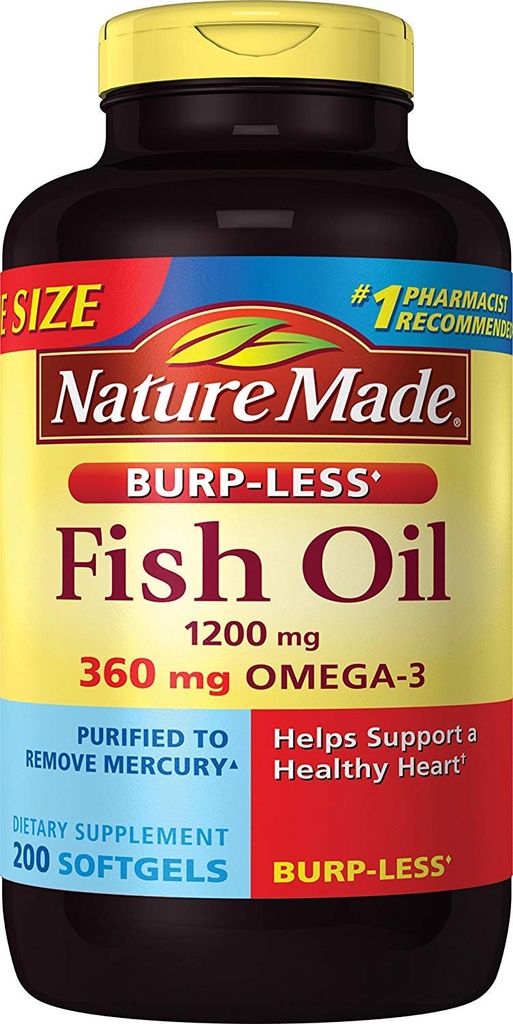 Burp-Mai puțin ulei de pește 1200 mg, 200 Softgels, ulei de pește Omega 3 Supliment pentru sănătatea inimii