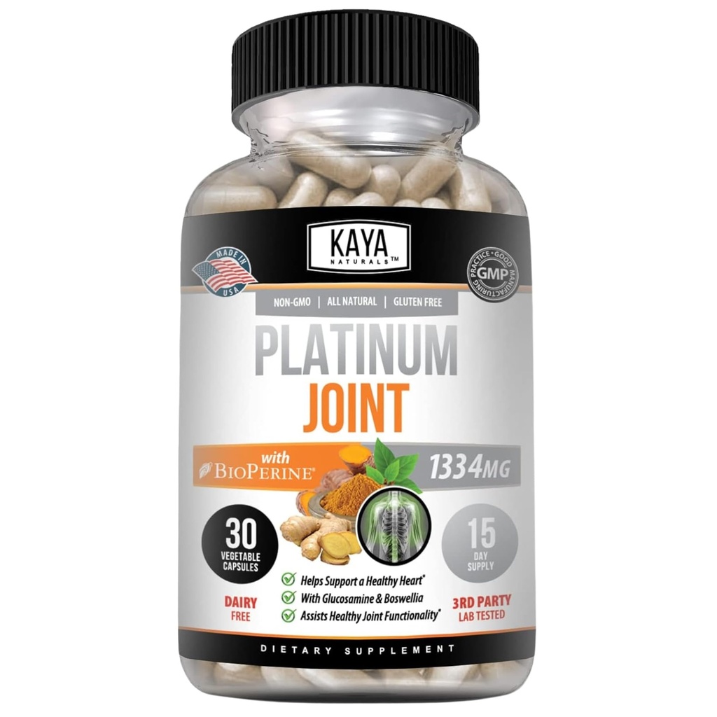 Kaya Naturals Platinum Mobility Turmeric - Bioperine, Glucosamină, Turmeric cu Boswellia, Suport de mobilitate naturală sănătos, Curcumin Turmeric 1334mg - 30 capsule