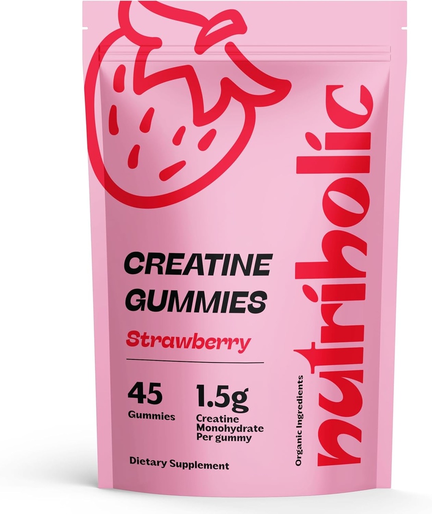 Creatine Monohidrat Gume pentru bărbaţi şi femei - Ușor de digest, Vegan, Gluten-Free, non-GMO, 1,5g de Creatină per Gummy - 45ct (45 Conte, Căpșuni)