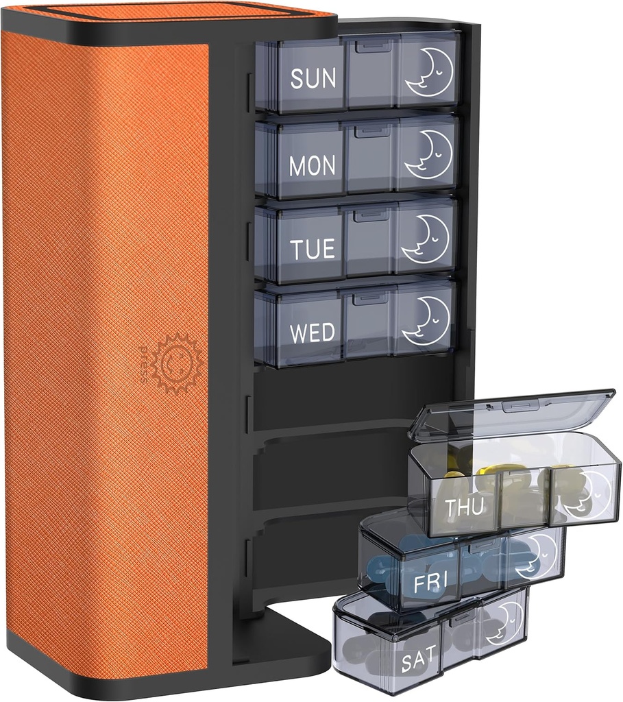 7-Ziua AM/PM Organizator Pilula cu Scratch-Resistant din piele caz - Portable Weekly Travel Medicine Box cu Detaşabil Daily Pods & Privacy Design (Bright Orange)