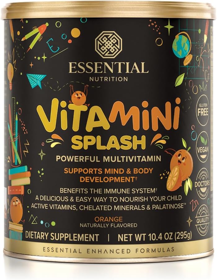 Nutritie esentiala Vitamini Splash - Kids multivitamine pulbere - Suport nutritional - 13 Vitamine active & 6 Minerale Chelated, Fibră prebiotică - Orange Flavor - (10.4 oz) - Vegan