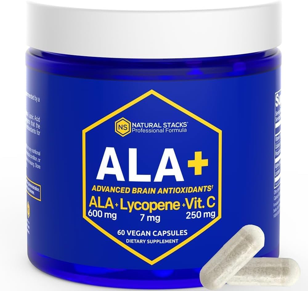 Natural STACKS Alpha Acid lipoic 600mg w/Lycopene și vitamina C - Supliment pentru imunitate și funcție celulară - Supliment pentru sănătatea creierului