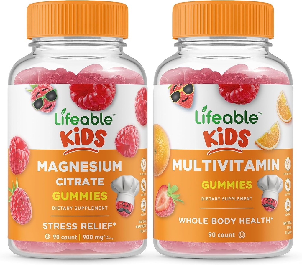 Magneziu durabil Copii + Multivitamine Copii, Gume Bundle - mare Tasting, Supliment de vitamine, Gluten gratuit, OMG gratuit, Guma de mestecat