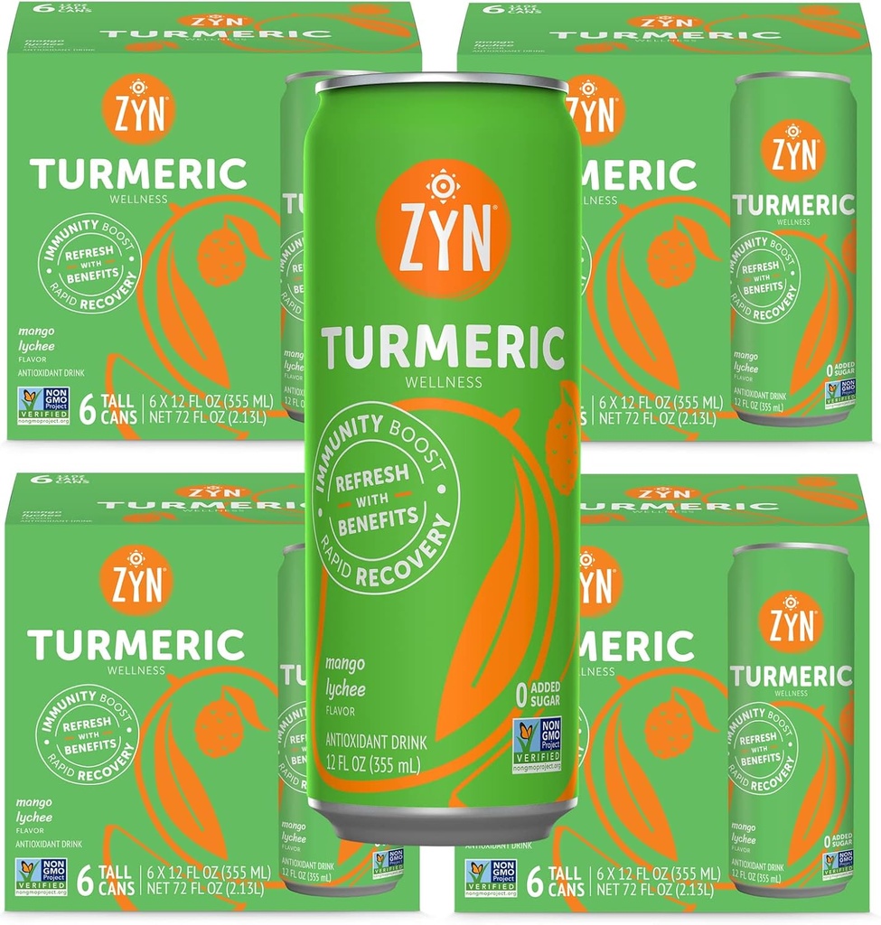 ZYN Turmeric Wellness Drink (24 Pack), Mango Lychee aroma Turmeric Curcumin Drink with Black Pepper, No Added Sugar, Low Carb & Low Calorie Drink, Clean Alternative