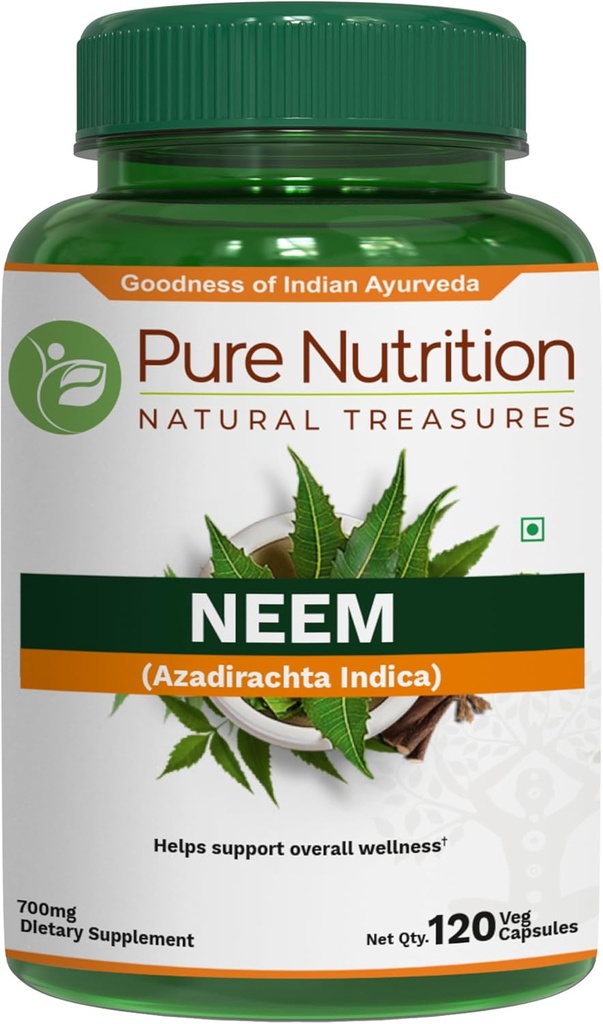Pure Nutrition Neem Capsules 700mg. (Equivalent to 2600 mg Neem Leaf Powder and Bark Powder) Non-October Once Daily 
