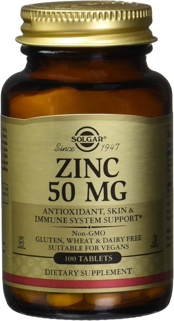 Solgar Zinc 50 Mg, 100 comprimate - Zinc pentru piele sanatoasa, sistem imunitar si suport antioxidant- 100 Serviri, 100 Conte (Pachet de 12)