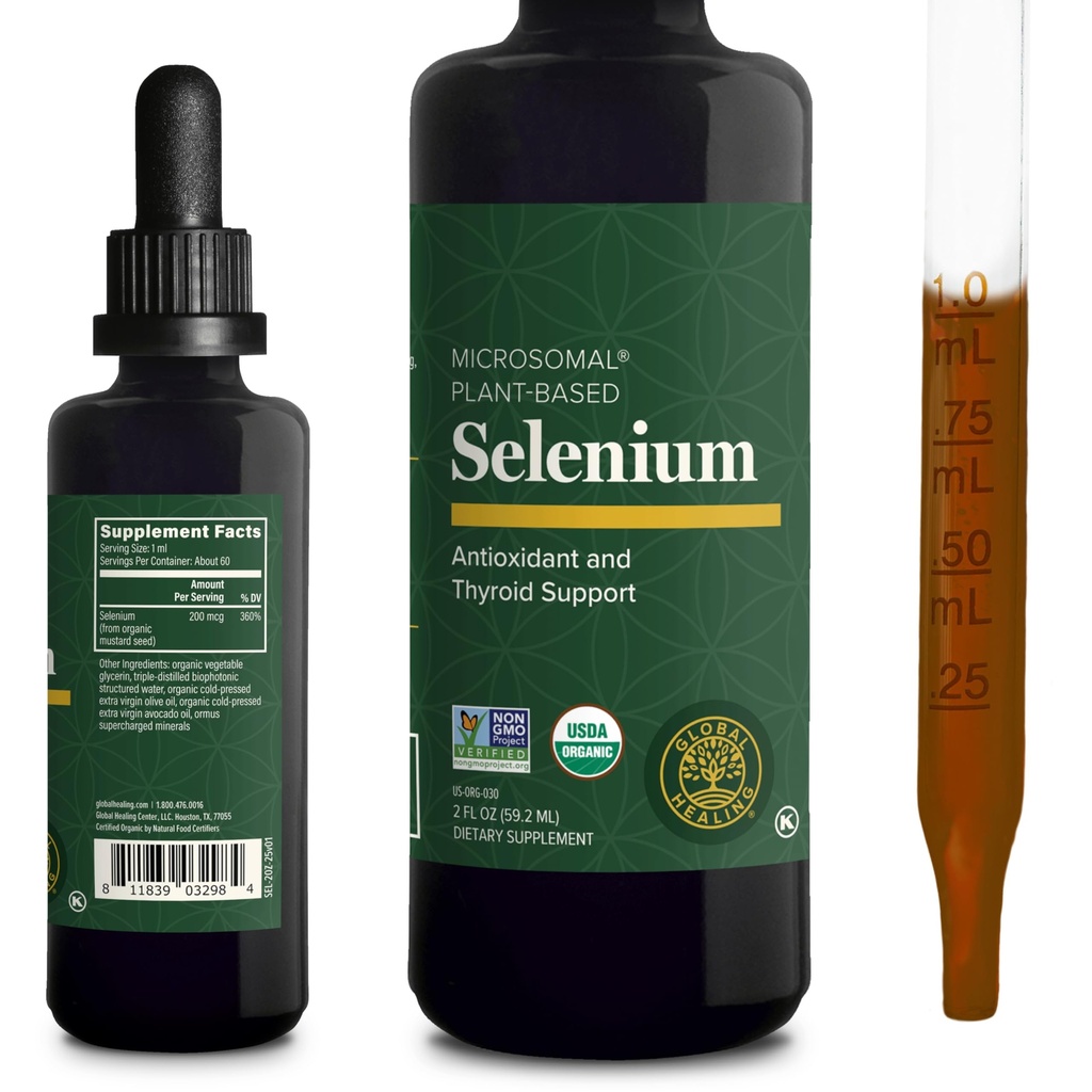 Global Healing Center - Seleniu 200mcg, Seleniu suplimentar picături cu ingrediente organice, Antioxidanti pentru suport tiroidian si imun, non-GMO & Gluten-Free, pentru bărbați și femei - 2 Fl Oz