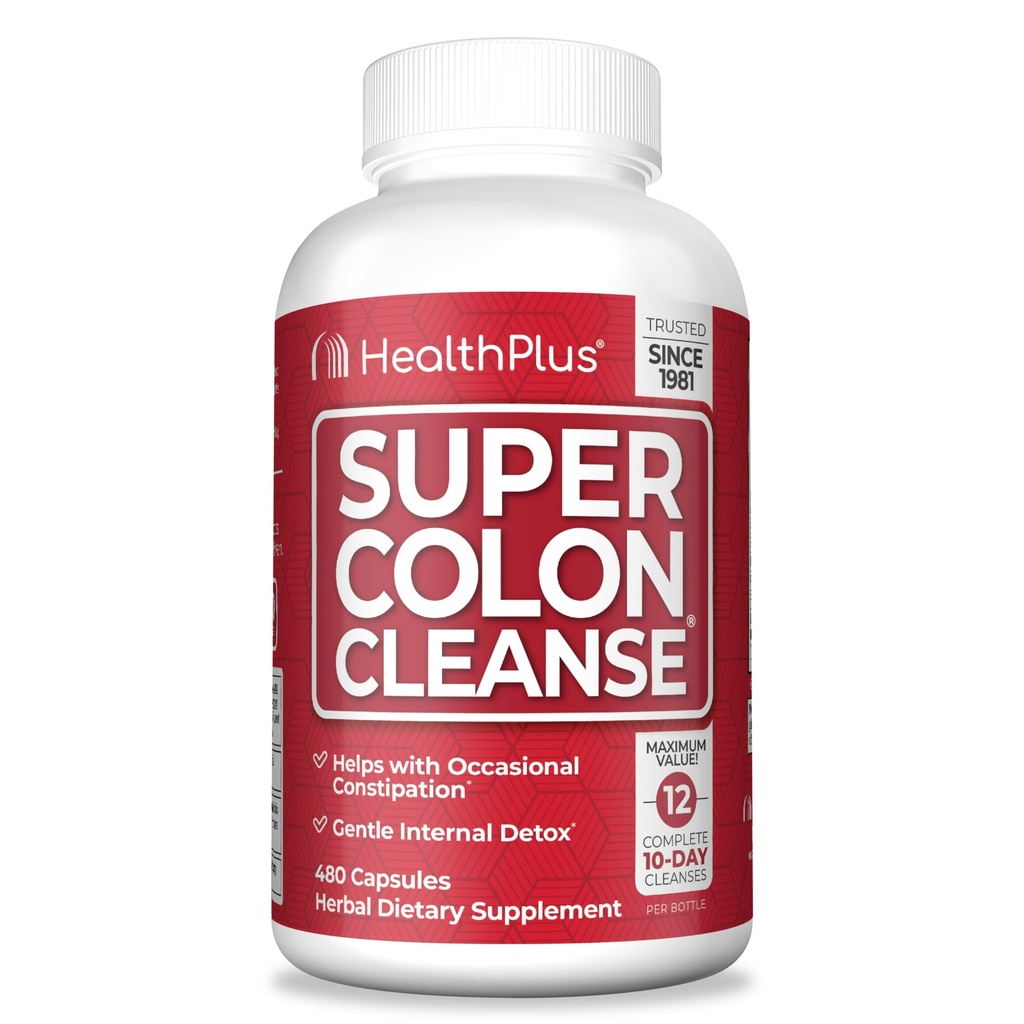 Sănătate Plus Super Colon Cleanse 120 zi de aprovizionare de detoxifiere Gentle Gut Cleanse, Psyllium Husk, Probiotice pentru constipație Relief & suport digestiv, 480 capsule