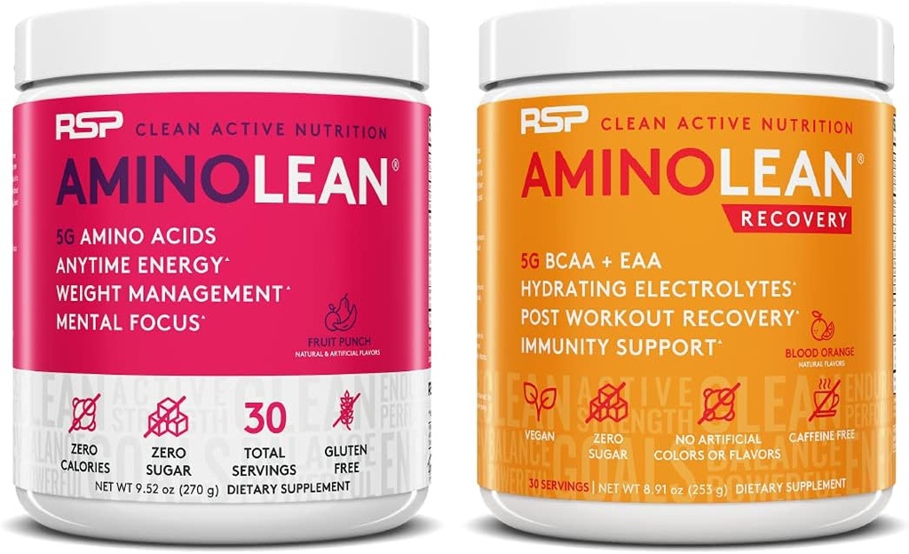 RSP NUTRITION AminoLean Pre Workout Energy (Frut Punch 30 Servings) cu AminoLean de recuperare post antrenament Boost (Blood Orange 30 Servings)