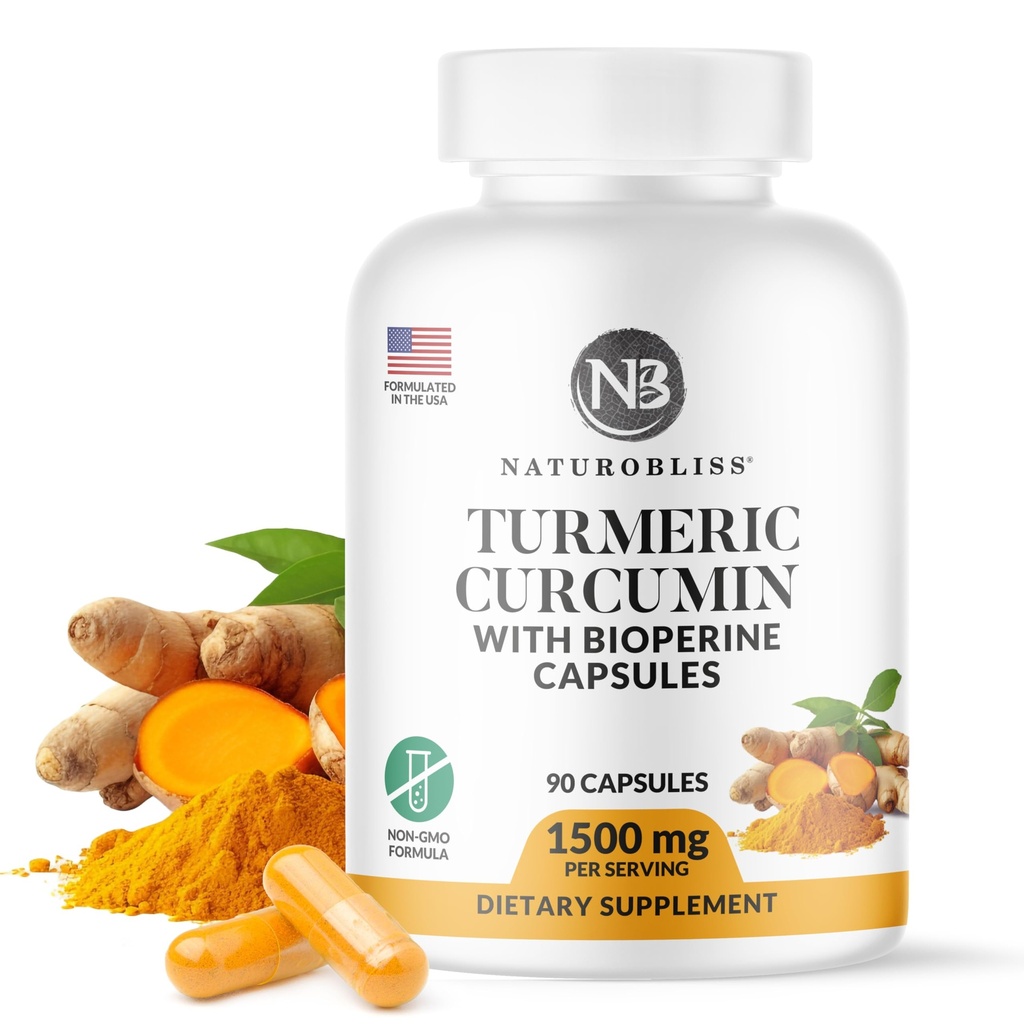 NaturoBliss Curcumina Turmeric cu BioPerine 1500mg - Negree de OMG - Gluten - 90 capsule