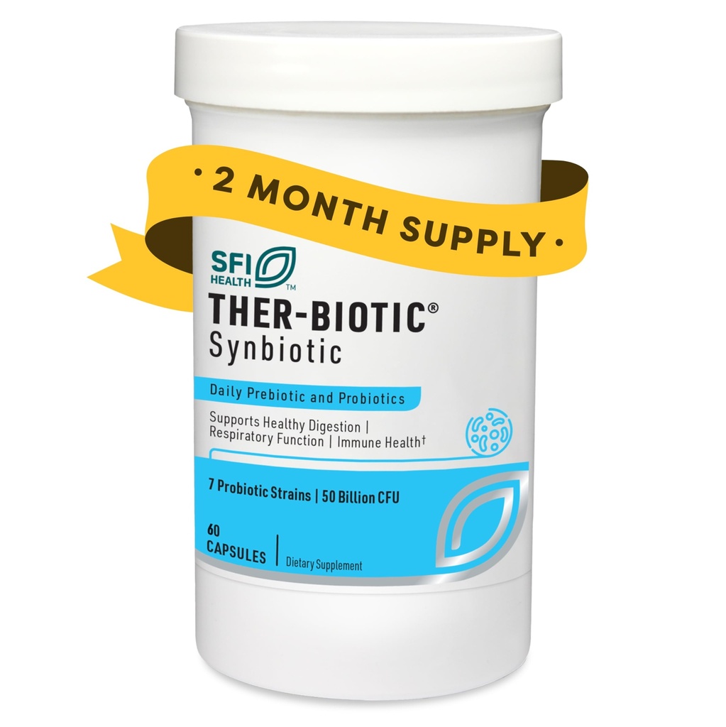 SFI Health Klaire Labs Ther-Biotic Synbiotic Prebiotics & Probiotice pentru femei și bărbați - Probiotic zilnic cu prebiotic FODMAP scăzut - Curaj, Imun, Suport de sănătate respiratorie și digestivă (60 capsule)