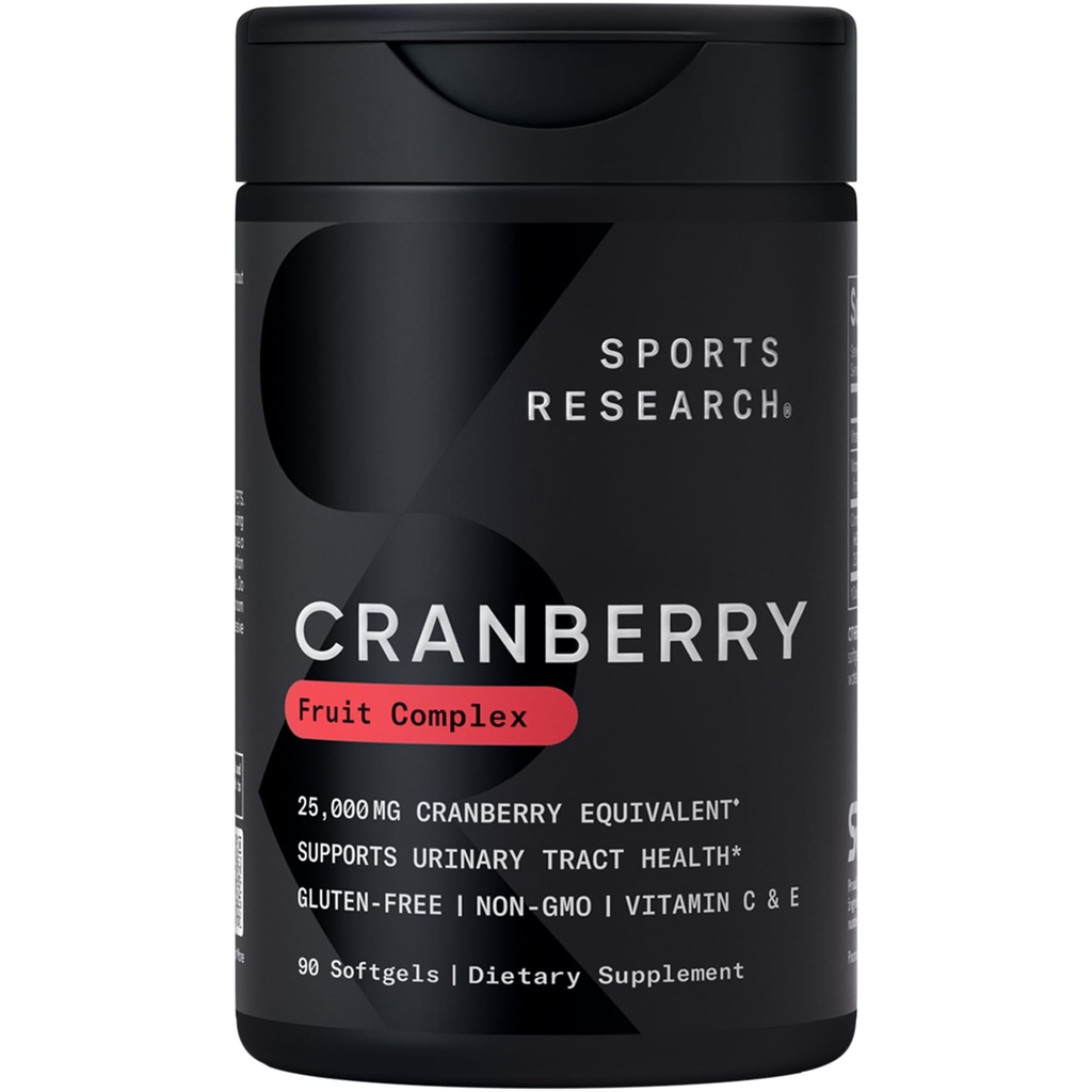 Sports Research Cranberry Fruit Complex Supplement - Softgels for Urical Tract Health Support - Egal cu 25.000 mg de Cranberries, Made with Pacran & Vitamins C & E - Non-GMO & Gluten Free - 90 Count