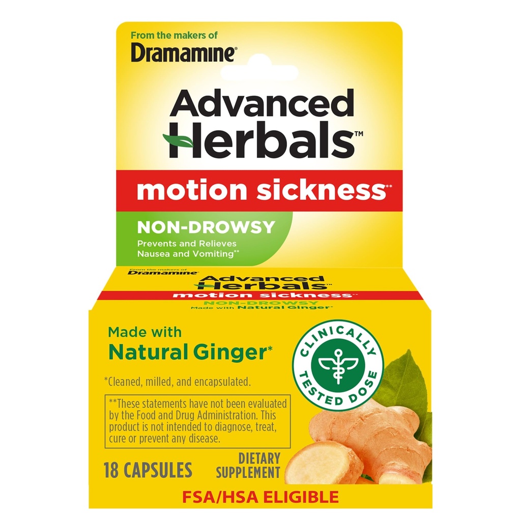 De la Makers of Dramamine, Herbals avansate, non-Drowsy, Motion Sickness Relief, Made with Natural Ginger, 18 Count