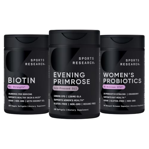 Cercetare sportivă Seara Primrose Supliment de ulei presat rece, Vegan Biotin 10.000mcg cu ulei de cocos & Femeii Probiotice cu prebiotice, 65 miliarde CFU