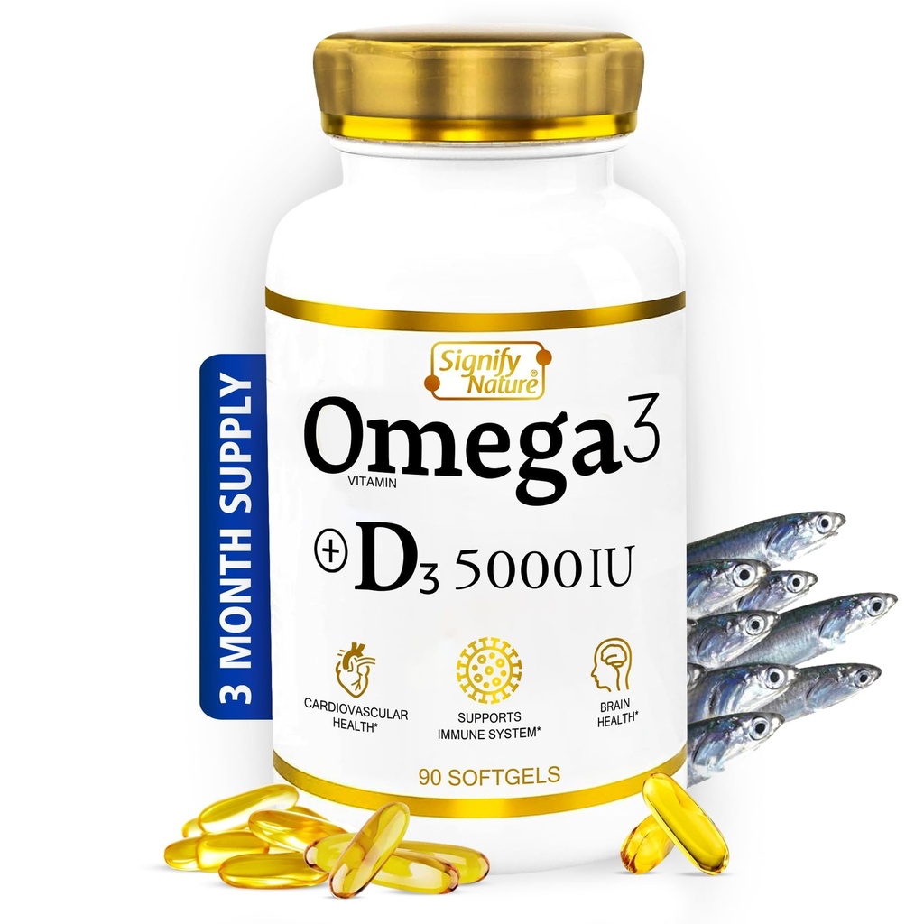 SEMNIFY NATURĂ Omega 3 Suplimentul de ulei de pește cu vitamina D3 5000 UI - 1000 mg capsule trigliceride pentru sănătatea creierului - Omega3 EPA DHA + Vit D 3-90CT