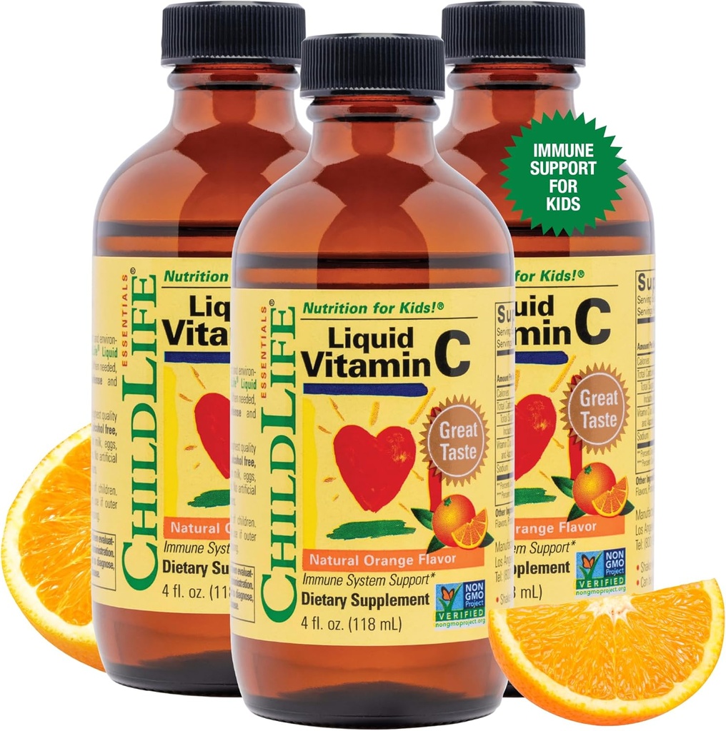 CHILDLIFE ESENȚIALE Vitamina lichid C - supliment lichid pur vitamina C pentru copii, suport sistem imunitar, gust mare - portocaliu natural, 4 Fl Oz (Pachet de 3)