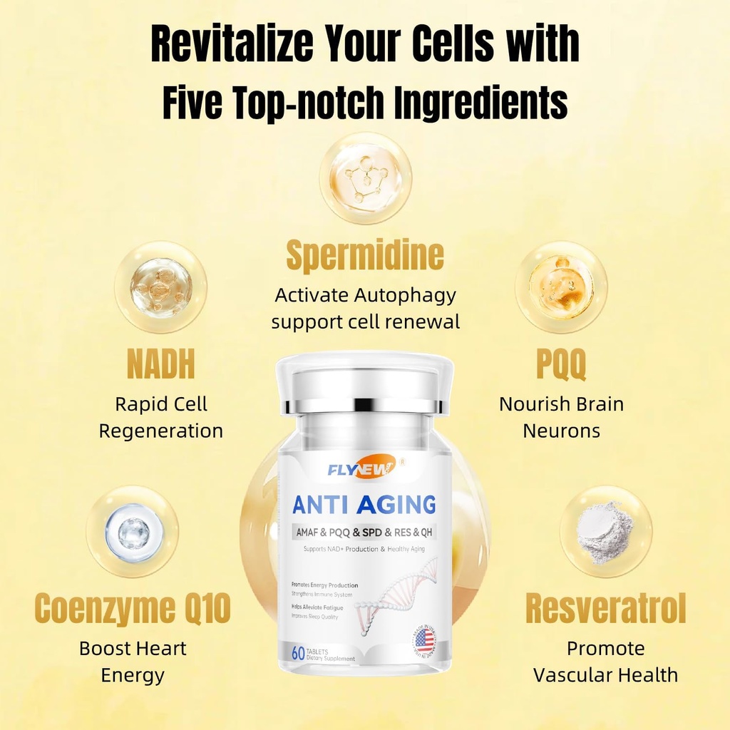 Anti-Aging, Resveratrol,NADH& PQQ, Hair Sanatos, Piele si Nails, Cellular Health, Spermidină, Ubichinol, GMP, Made in USA 60 Capsule