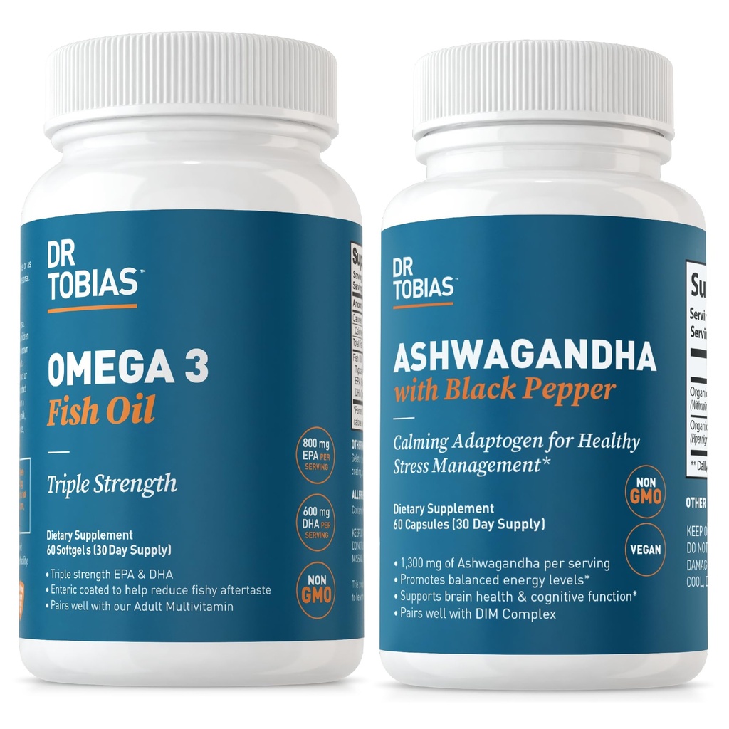 Dr. Tobias Omega 3 Oil de pește și capsule Ashwagandha, sprijin de wellness & energie echilibrată și reziliență, non-GMO