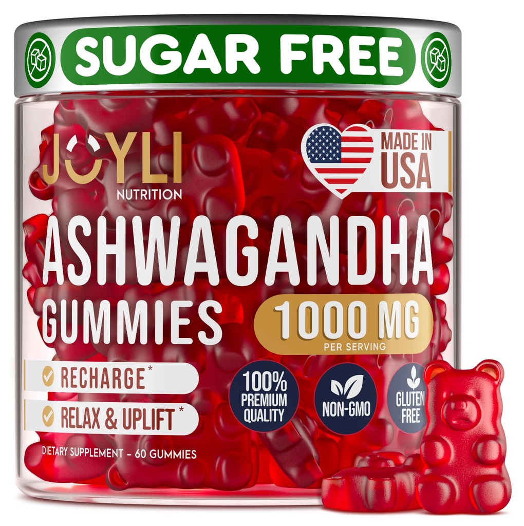 Gumiile Ashwagandha pentru femei si barbati - Gume naturale calm cu extract de root Ashwagandha Vitamina C Zinc - Ashwagandha Suplimentul Herbal pentru somn Stress Balanta - 60 Vegan Sugar Free Chews