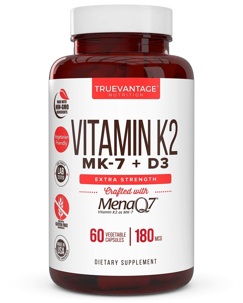 Vitamina K2 D3 Supliment 5000 UI D3 şi 180 mcg Vitamina k2 MK7 Suplimentul pentru oase sănătoase, Inimă sănătoasă şi sănătate cardiovasculară- 60 Uşor de înghiţit Capace vegetale de MenaQ7 K2 MK7