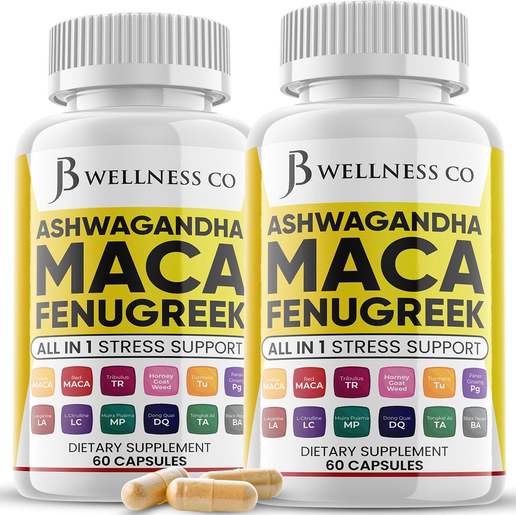 Ashwagandha Maca Root Fenugreek Supliment cu Tongkat Ali Ginseng - Assists with Mood & Tiroidal Health - Made in USA - 120 Count