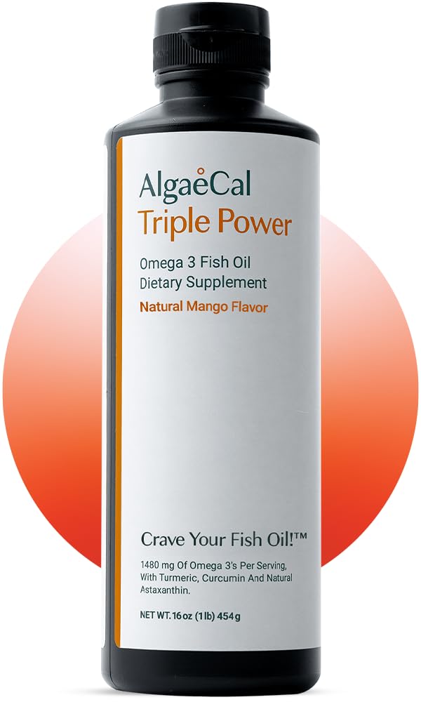 ALGAECAL Triple Power 1200mg EPA & DHA Omega 3 Fish Oil Supplement, Supporting Brain, Heart, Skin & Bones, Liquid Emulsion Mango Gust, Burp-Less, Sugar-Free, Made in USA