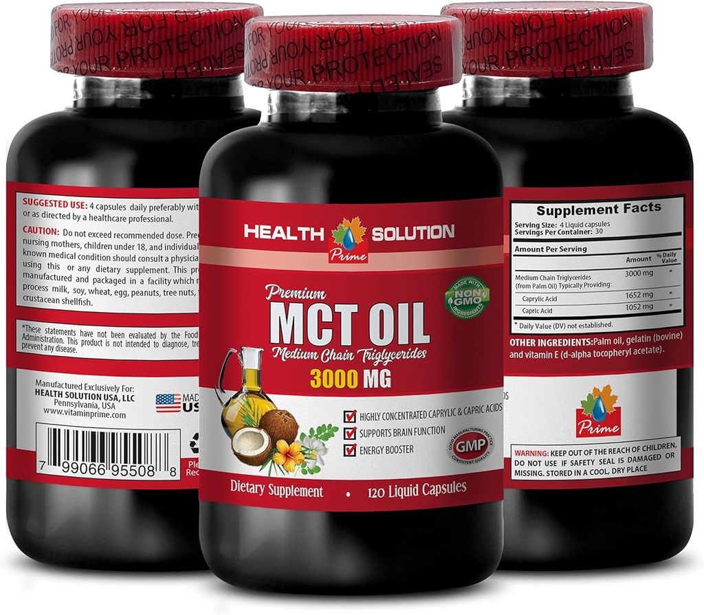 Suplimente suport energie - MCT ulei 3600MG, 100% pure, trigliceride lant mediu - mct ulei Made with Coconut Oil, mct pastile de ulei, mct ulei pentru memorie, mct ulei pentru creier, mct ulei de cocos - 1B 120Soft