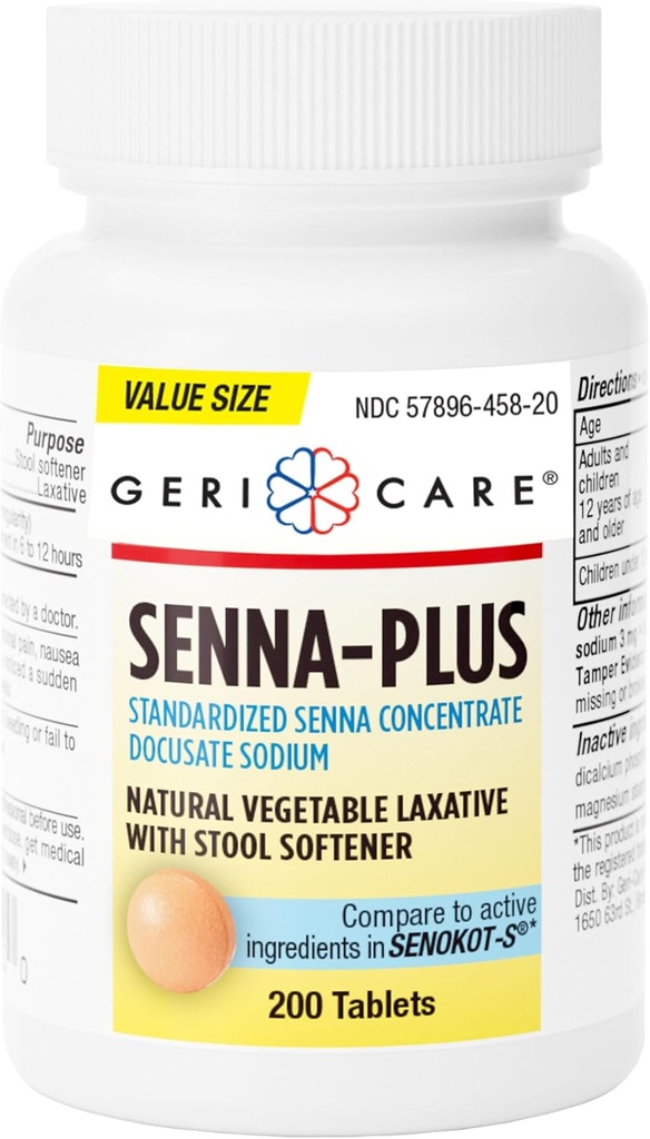 GeriCare Senna Plus Laxative naturale cu Stool Softener, Docusate Sodium 50mg, Sennozides 8,6 mg, 200 comprimate (Pachet de 1)