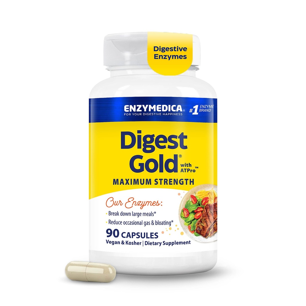 Enzymedica Digest Gold + ATPro, Putere maximă, Acţiune rapidă, Ajuta la Digest Mese mari, pentru balonare şi gaz, 90 capsule