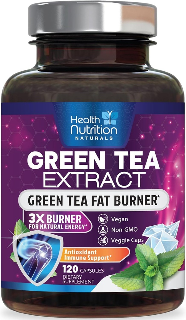 Pastile de extract de ceai verde - 98% Standardizat EGCG 1300mg 3X Putere pentru energie naturala - Suporturi inima si antioxidant de sanatate Herbal & Immune Supplement Polifenoli si Catechini - 120 capsule