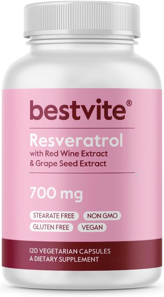 BESTVITE Resveratrol 700mg (120 capsule vegetariane) cu extract de vin roșu și extract de semințe de struguri - Standardizat la 50% TransResveratrol - Fără Steare - Vegan - Non OMG - Gluten gratuit