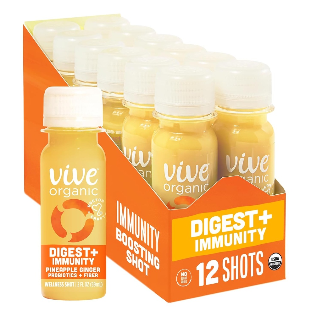 Vive Organic Digest + Imunitate Dual-Boost Shot, Cold-Pressed Aloe Vera, Cidru de mere, Probiotice, 2g Fibră, Gluten Free, Vegan, 2 Fl Oz (Pachet de 12)