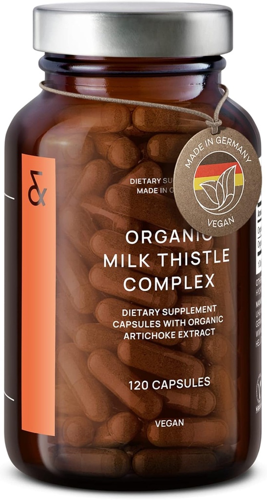 CLAV Organic Milk Thistle & Artichoke Extract Complex - Rich in Silymarin & Bitters - Suport hepatic + Detox Supliment - 120 capsule (60 zile de aprovizionare) - Vegan - Made in Germania
