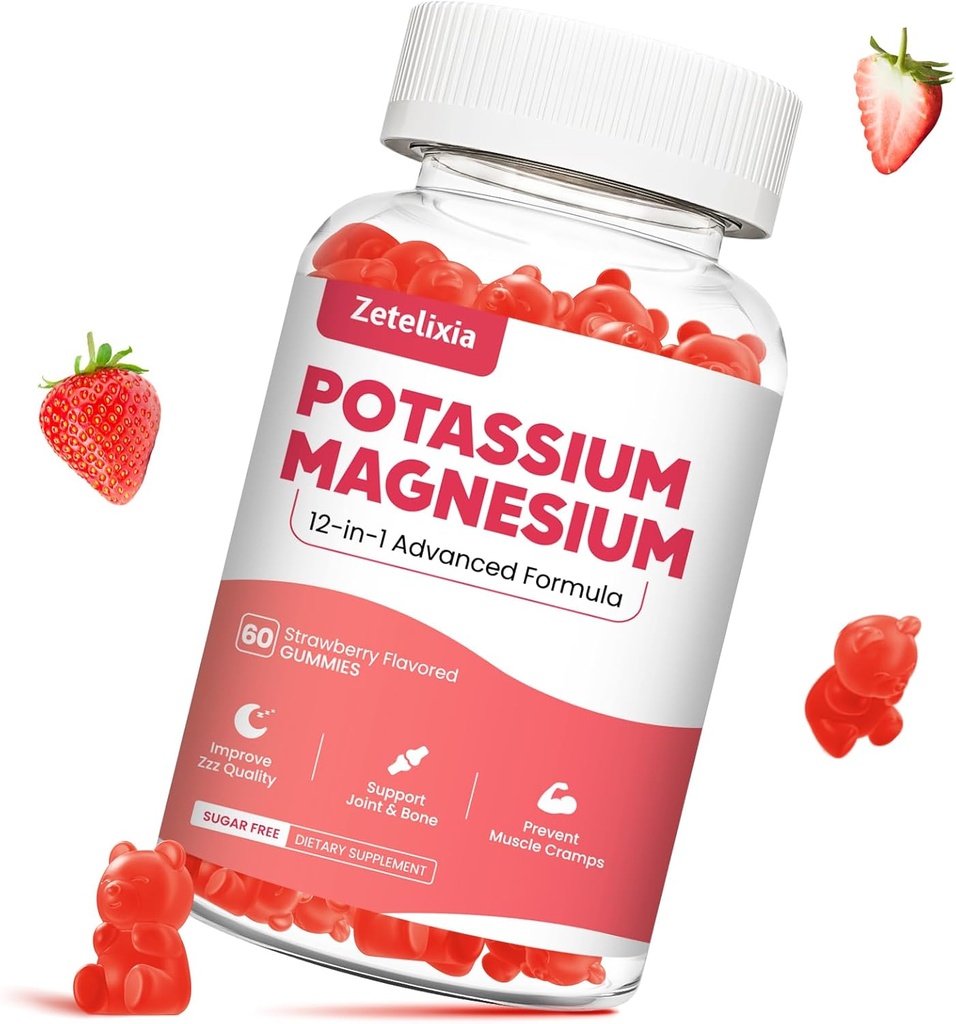 Gume suplimentare de magneziu de potasiu pentru adulți Copii, Glicinat de magneziu și Citrat de potasiu, Plus Multivitamine, Omega-3 și Pepper negru, Creme de picioare, Muşchi & Heart Health, 60ct
