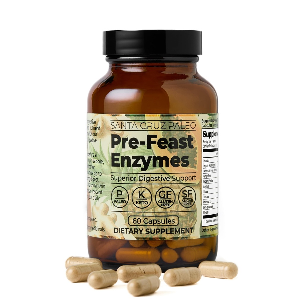 Santa Cruz Paleo Pre-Feast Enzime digestive pentru femei și bărbați, Fiber Supplement for Gut Health & Digestive Health, Gluten Free, Keto, Sugar Free, Paleo, with Bromelain, Ginger Root, 60 Capsule