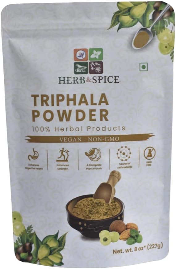 Triphala Powder Non OMG, Gluten Free, 100% Raw, Soursed from India, Herbal Formula de Amla, Haritaki, Bibhitaki, Packed in Resealable Zip Lock Pouch (227 Gram)