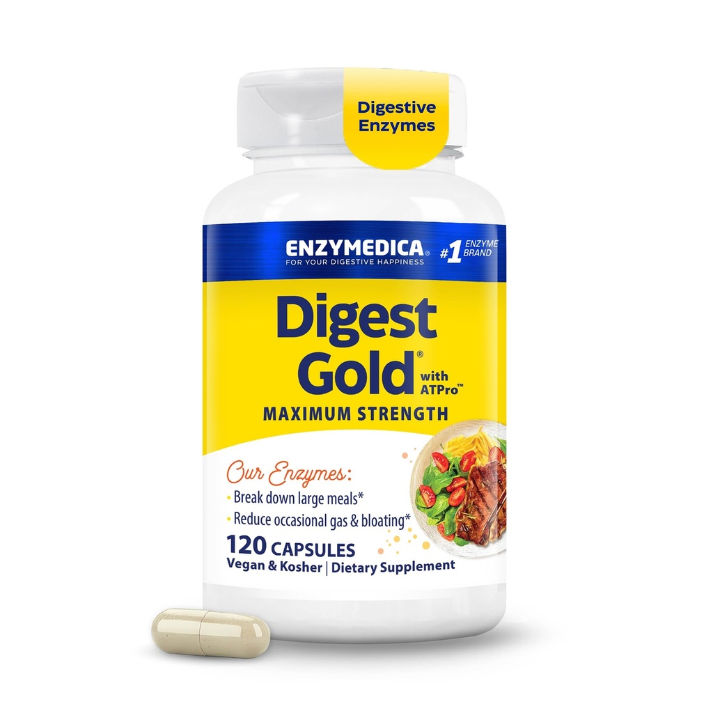 Enzymedica Digest Gold + ATPro, Putere maxima Enzime digestive, Ajuta Digest Mese mari, pentru gaz și balonare, 120 capsule
