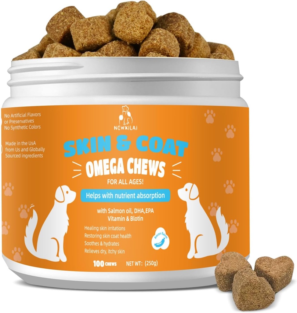 Pielea si Coat Chews pentru câini - Itchy Skins Dog Supplement Supplement Spots Hot Confort și Sheddling Alergia Sănătate comună cu Omega 3 Ulei de pește, EPA & DHA Acidi grași, Bacon Flavor 100 Softs tratează