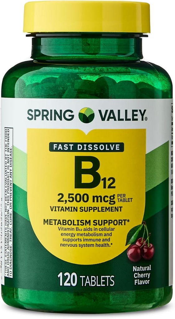 Spring Valley, Vitamina B12 2500 MCG, B12 Quick-Dissolve Cherry Aroma tablete Supliment alimentar, vitamina B12, 120 Conte - New Look (Pachet de 1)