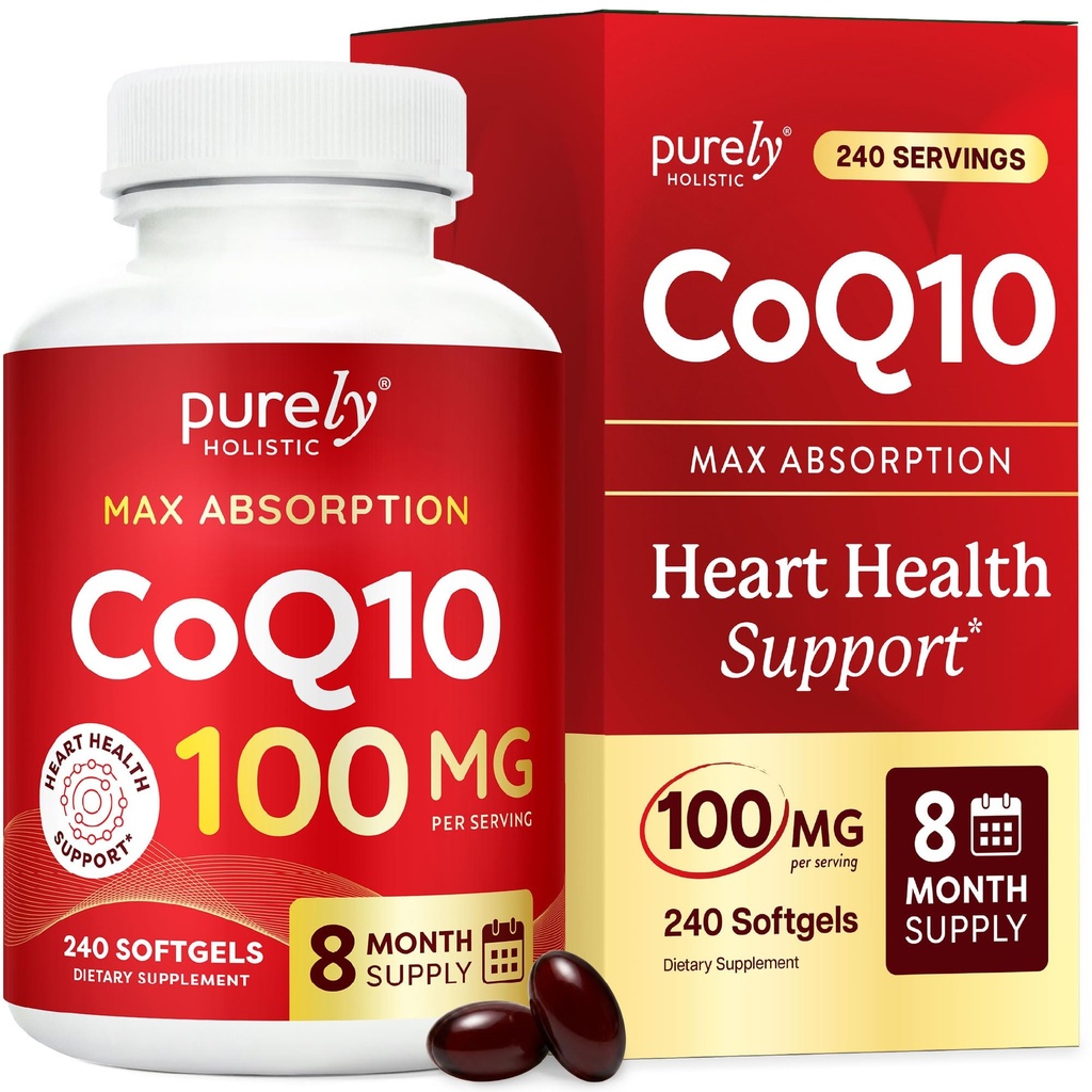 Doar Holistic CoQ10 100mg - 240 SoftGels - 8 Luna de aprovizionare - Ubichinonă Coenzime Q10 Supliment - cu ulei de măsline organice - Soy Free Co Q 10 - Made in the USA