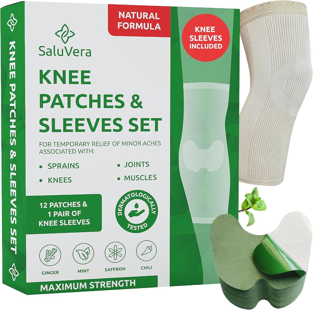 Patch-uri de încălzire Herbal genunchi cu 2 maneci de compresie - patch-uri de ajutor auto-încălzire pentru bărbați și femei, ingrediente naturale pentru suport Soothing (12 Patch + 2 maneci de compresie)