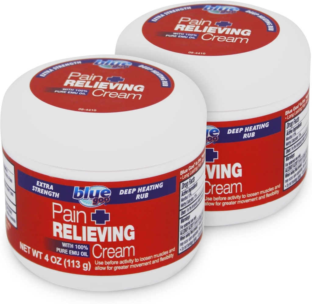 Albastru Goo Putere maximă durere Relieving Cream - Deep Heating Rub pentru spate / gât, Sport musculare / comuniune, luxaţii, bursita, Strains - 2 pachete de 4 oz, Made with 100% Pure Emu Oil