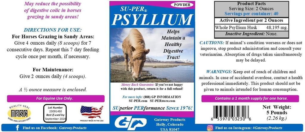 SU-PER Psyllium Horse Digestion Supplement - Mentine un tract digestiv sanatos la cai - Suporturi Indepartarea nisipului si a murdariei de la tractul intestinal - 5 lire, (2 ambalaj)