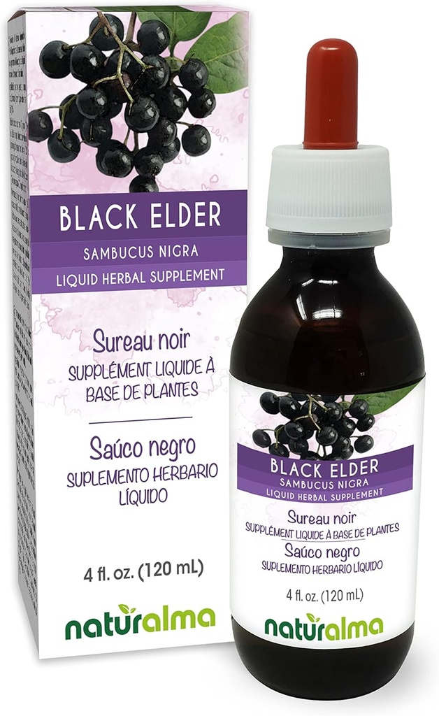 Naturalma Black Elder (Sambucus nigra) Floare (Elderflower) și fructe (Elderberry) Tinctură fără alcool - 4 fl oz Extract lichid în picături - Supliment vegetal - Vegan