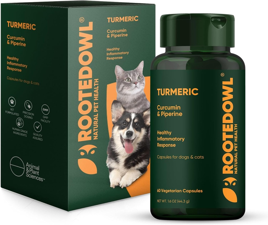 Bufniță cu rădăcină Turmeric - Supliment turmeric pentru câini și pisici - cu Curcumina, Piperina și vitamina C pentru ajutor antiinflamator - 60/ct