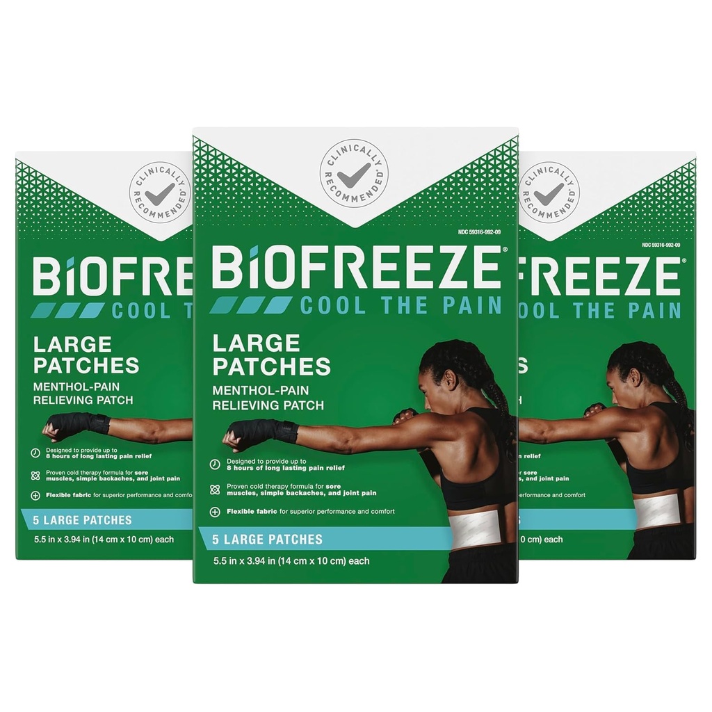 Biofreeze Pain Relief Patches, Artrita Pain Reliver, Genunchi & Lower Back Pack Relief Patch, Sore Muscle Relief, Neck Pain Relief, FSA eligibile, 3 Pack (5 Biofreeze Mentol Patches)