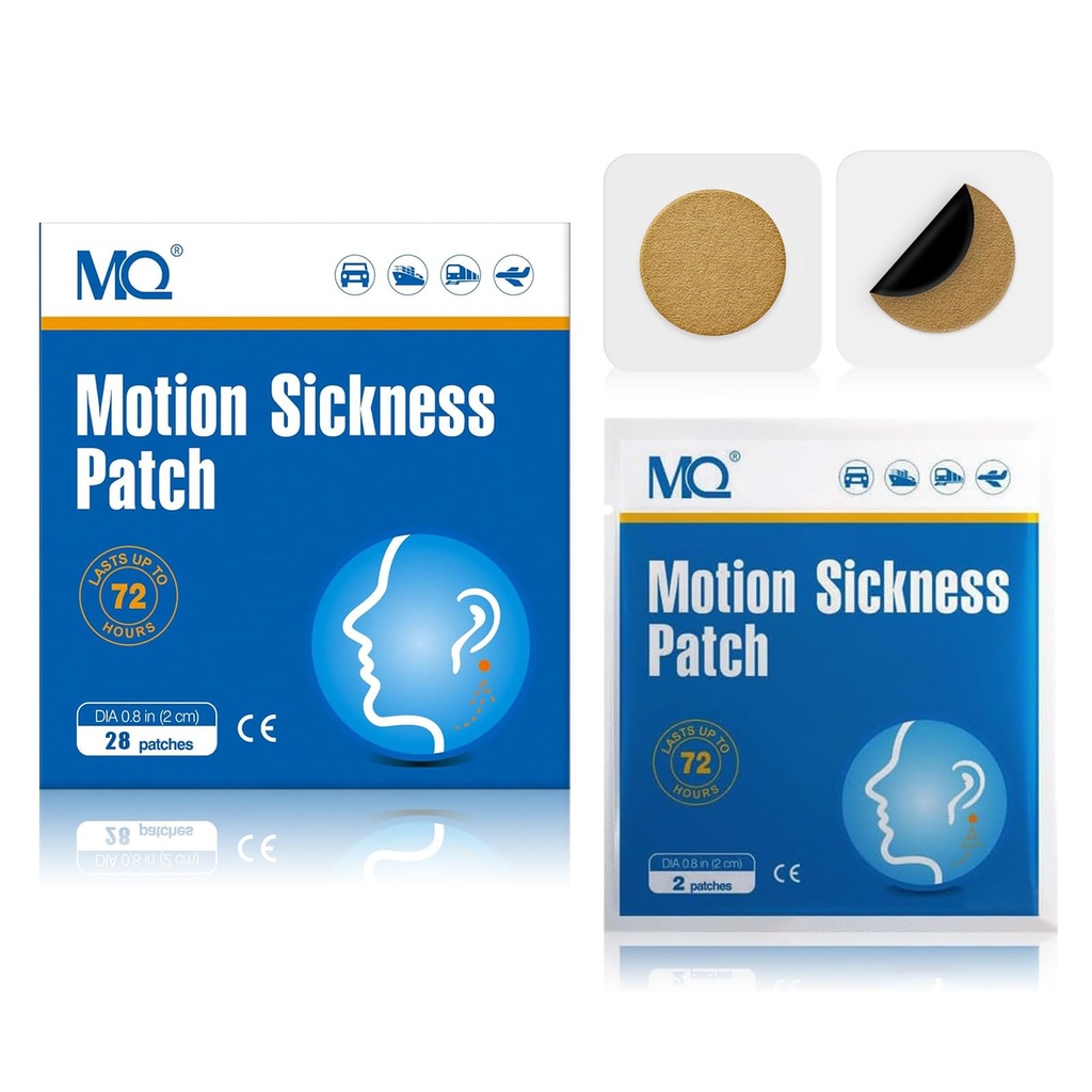 MQ 28ct Motion Sickness Patches Non Drowsy, Sea Sickness Patches for Cruise Travel Essentials, Waterproof Patch behind Ureche for Car Airplane Altitudine Boala, Long Last 72H