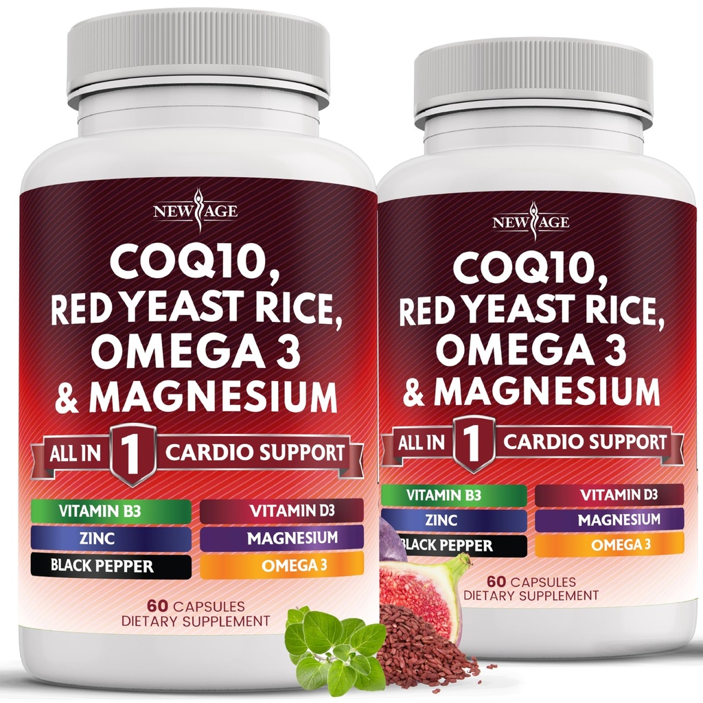 NEW AGE COQ10 200mg Red Yeast Rice 3000mg Omega 3-6-9 3000mg Magneziu Complex 500mg Zinc Vitamina K2 D3 - Vitamine pentru femei si barbati cu vitamina B3, Coenzima Q10-120